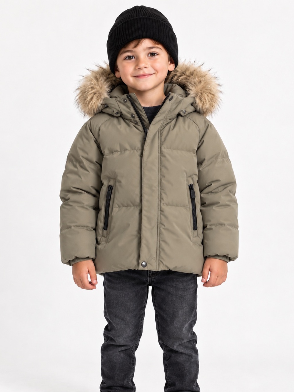 Zara Kids Olive Green Puffer Jacket with Faux Fur Hood